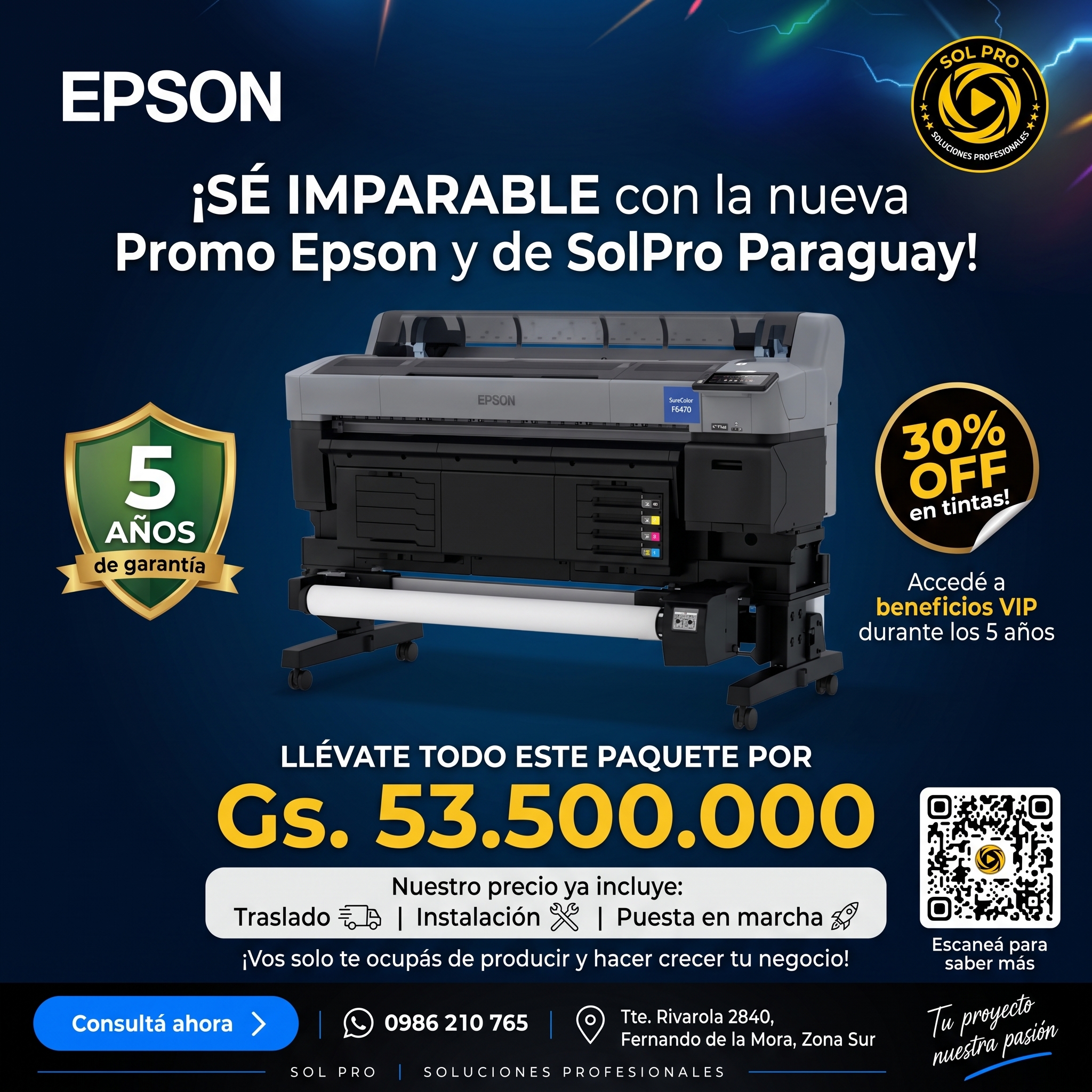 Paquete Todo Incluido: Epson SureColor F6470 + 5 Años de Garantía + 5 años 30% off en tintas