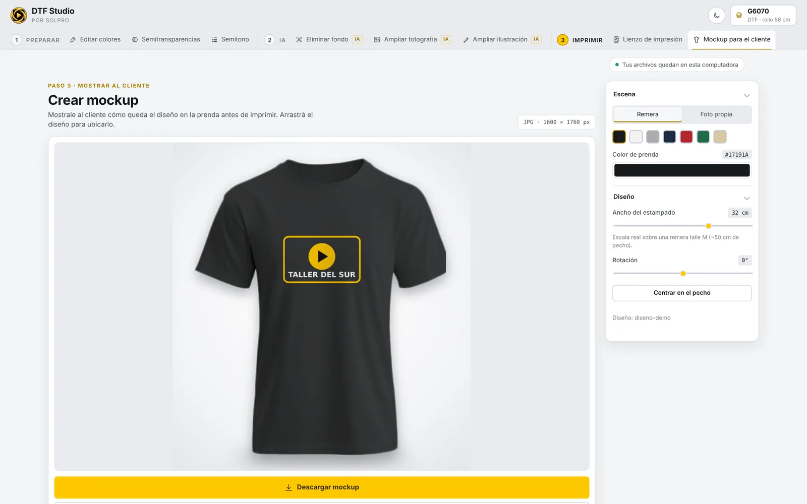 SOLPRO DTF Studio mostrando un diseño sobre una remera negra en el mockup